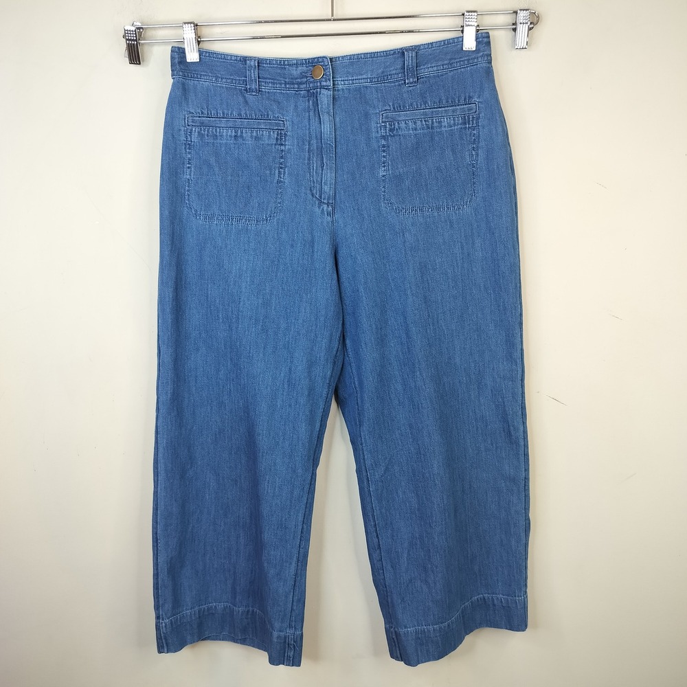 Talbots Wide Leg Cropped Jeans Size 14 High Waist Blue Denim